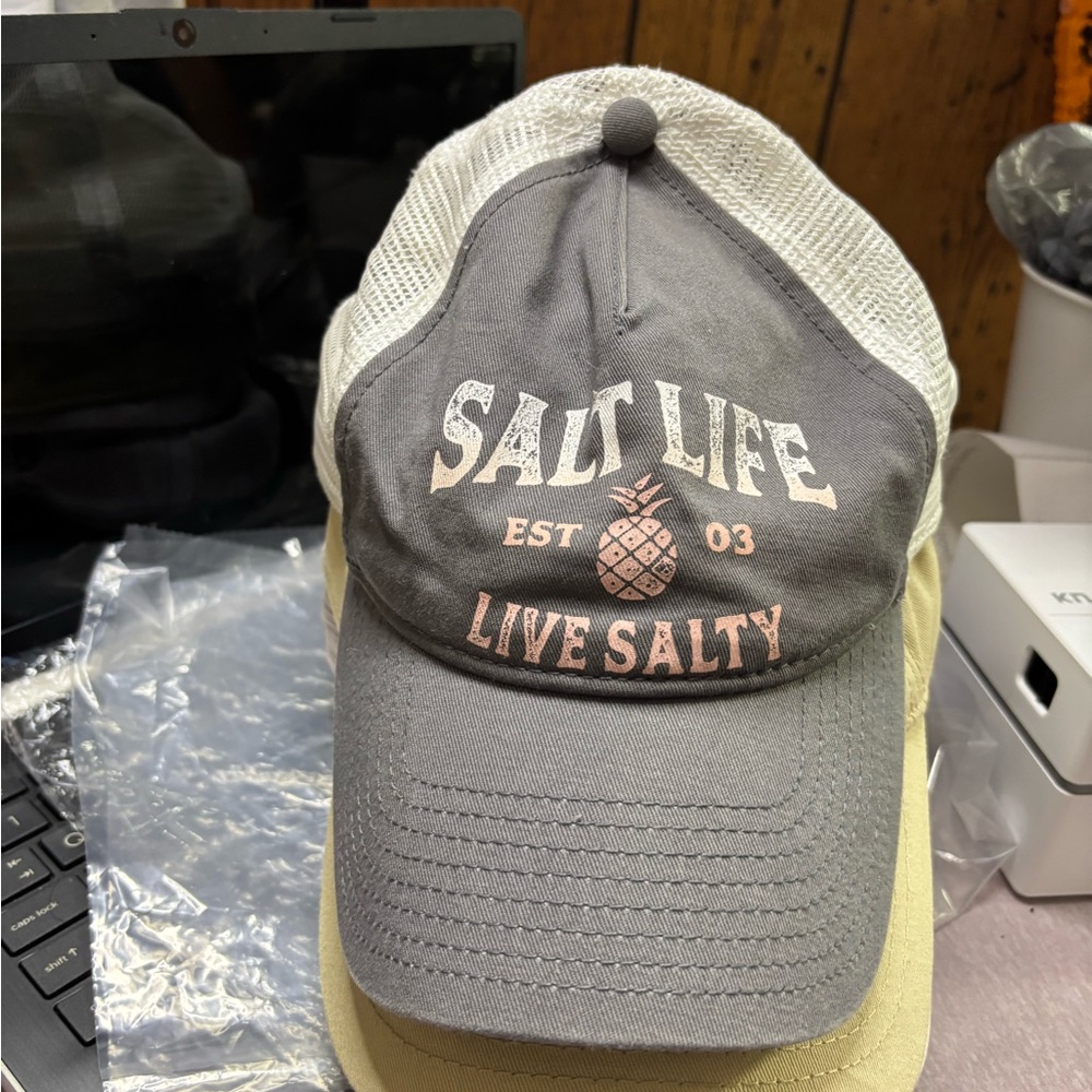 Salt Life Gray and Cream Trucker Hat with Pink Logo